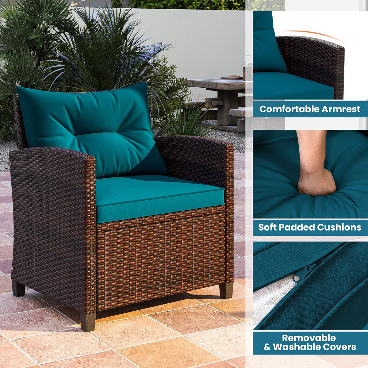 3 Pieces Rattan Patio Furniture Set with Washable Cushion-Peacock Blue view 5