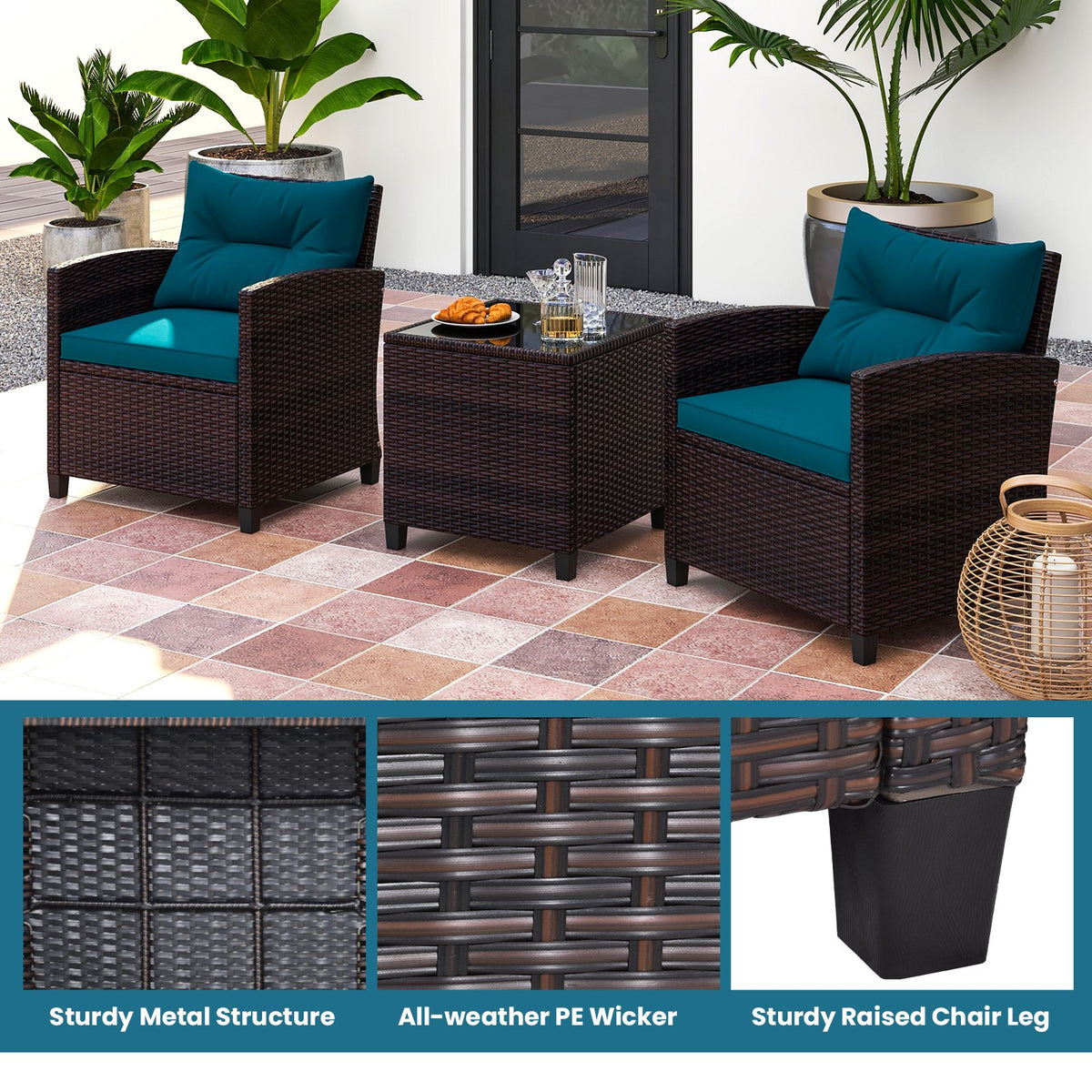 3 Pieces Rattan Patio Furniture Set with Washable Cushion-Peacock Blue view 6