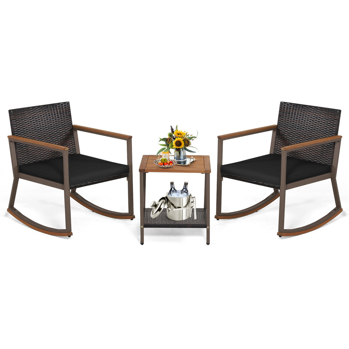3 Pieces Rattan Rocking Bistro Set with Coffee Table and Cushions-Black