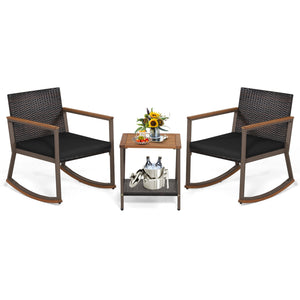 3 Pieces Rattan Rocking Bistro Set with Coffee Table and Cushions-Black