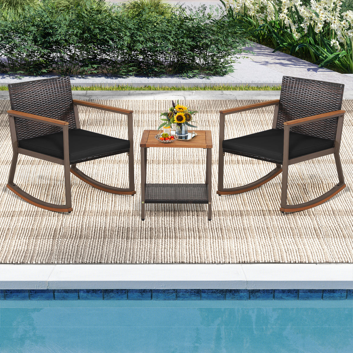 3 Pieces Rattan Rocking Bistro Set with Coffee Table and Cushions-Black view 2