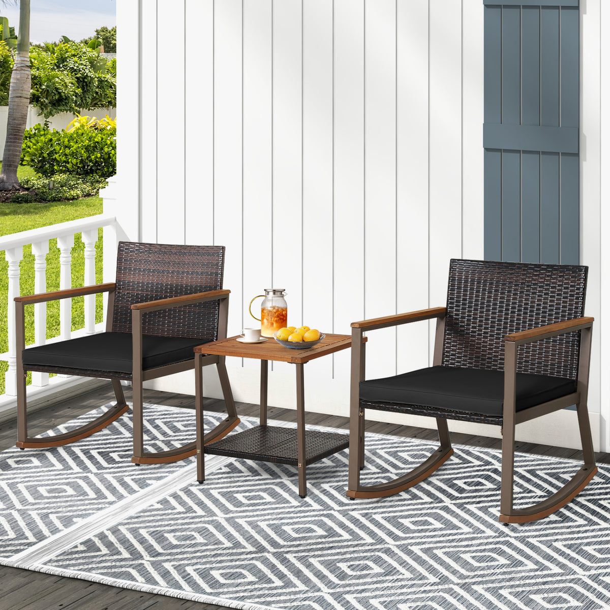 3 Pieces Rattan Rocking Bistro Set with Coffee Table and Cushions-Black view 3
