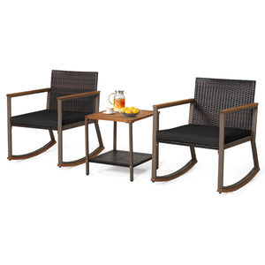 3 Pieces Rattan Rocking Bistro Set with Coffee Table and Cushions-Black view 4