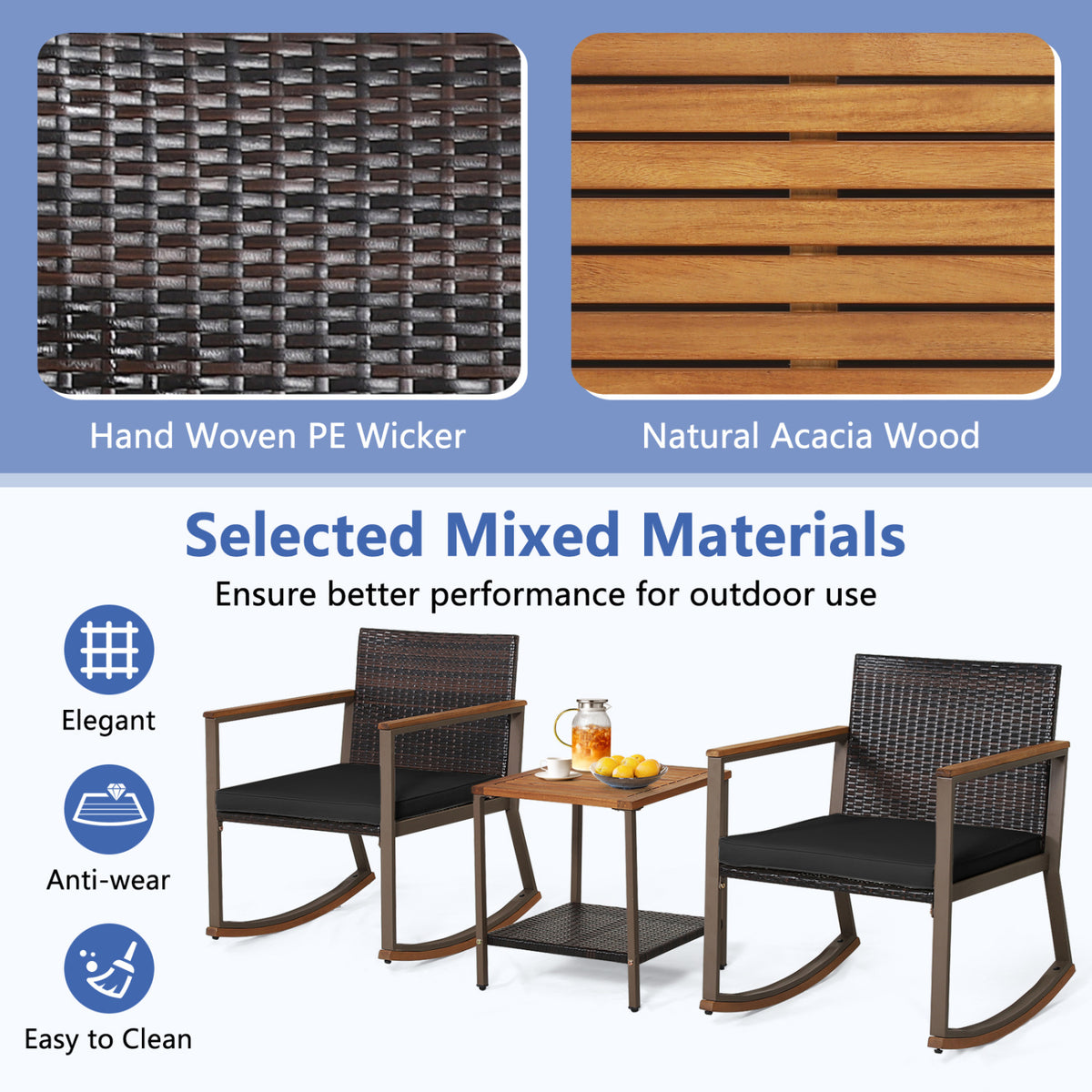3 Pieces Rattan Rocking Bistro Set with Coffee Table and Cushions-Black view 7