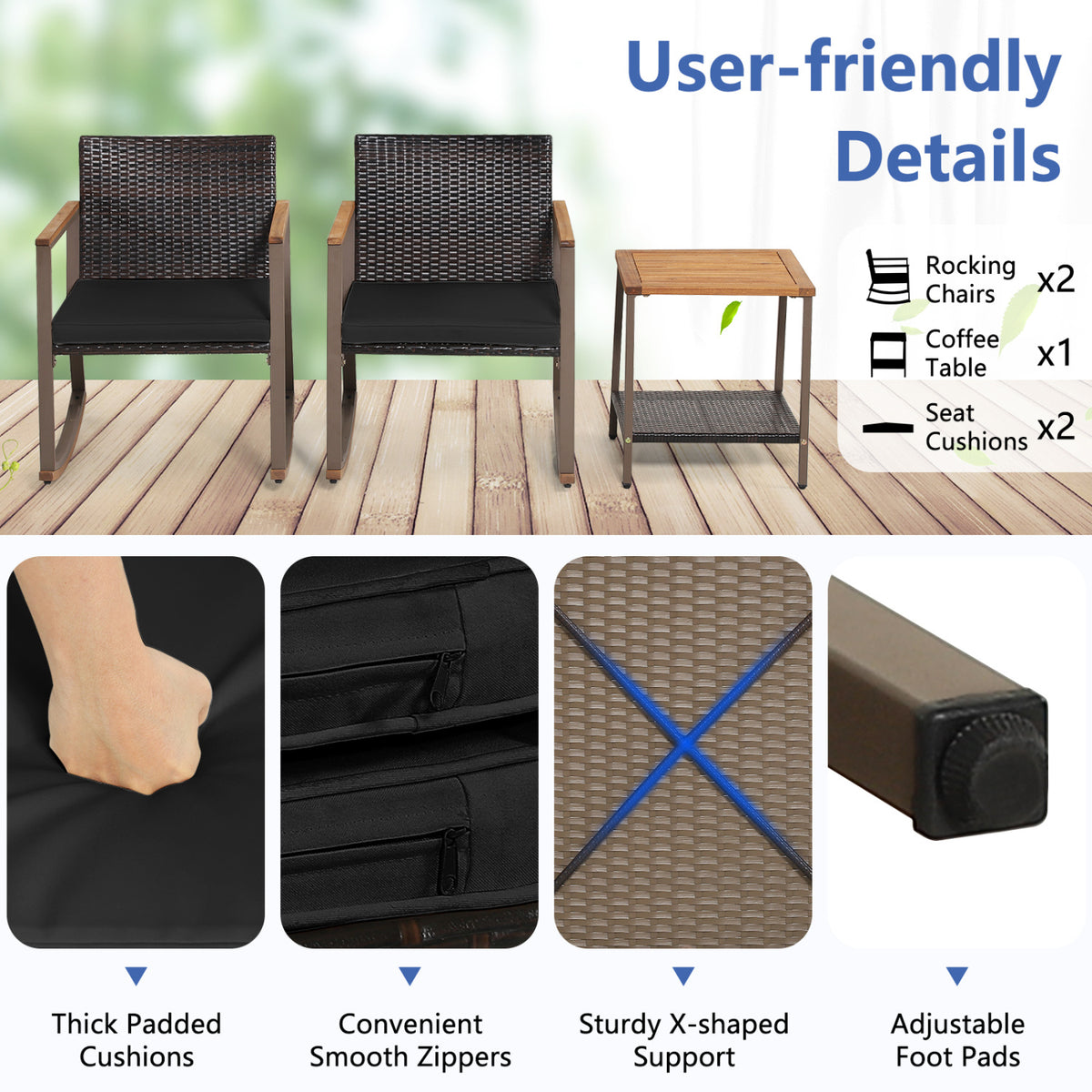 3 Pieces Rattan Rocking Bistro Set with Coffee Table and Cushions-Black view 8