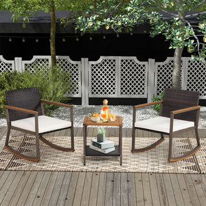3 Pieces Rattan Rocking Bistro Set with Coffee Table and Cushions-Off White view 2