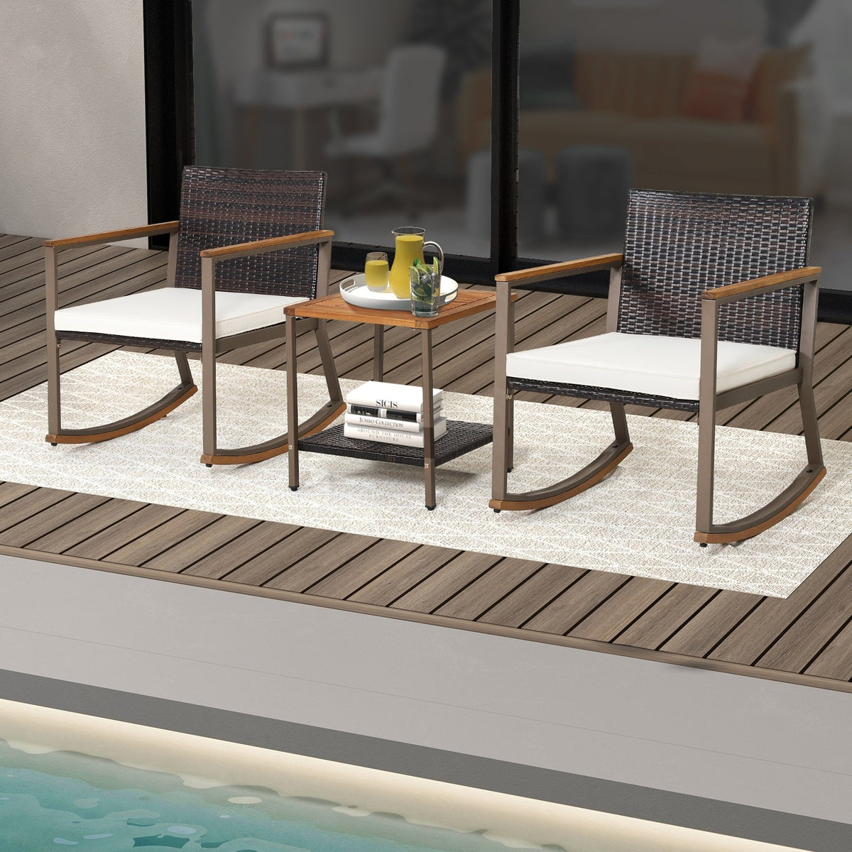 3 Pieces Rattan Rocking Bistro Set with Coffee Table and Cushions-Off White view 3