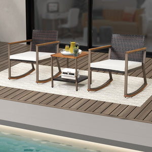 3 Pieces Rattan Rocking Bistro Set with Coffee Table and Cushions-Off White view 3
