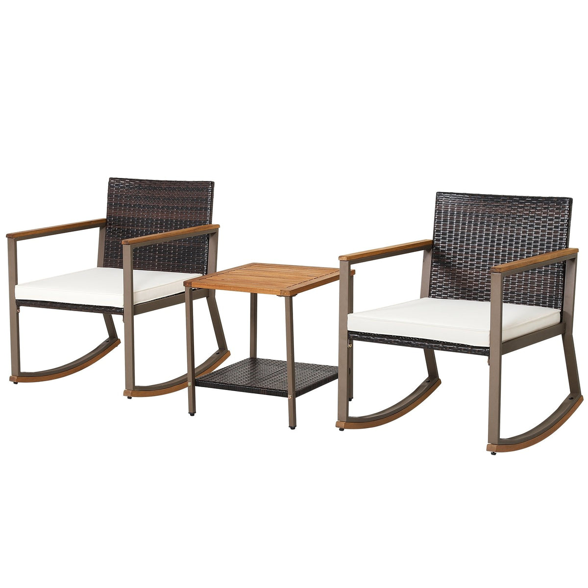3 Pieces Rattan Rocking Bistro Set with Coffee Table and Cushions-Off White view 4