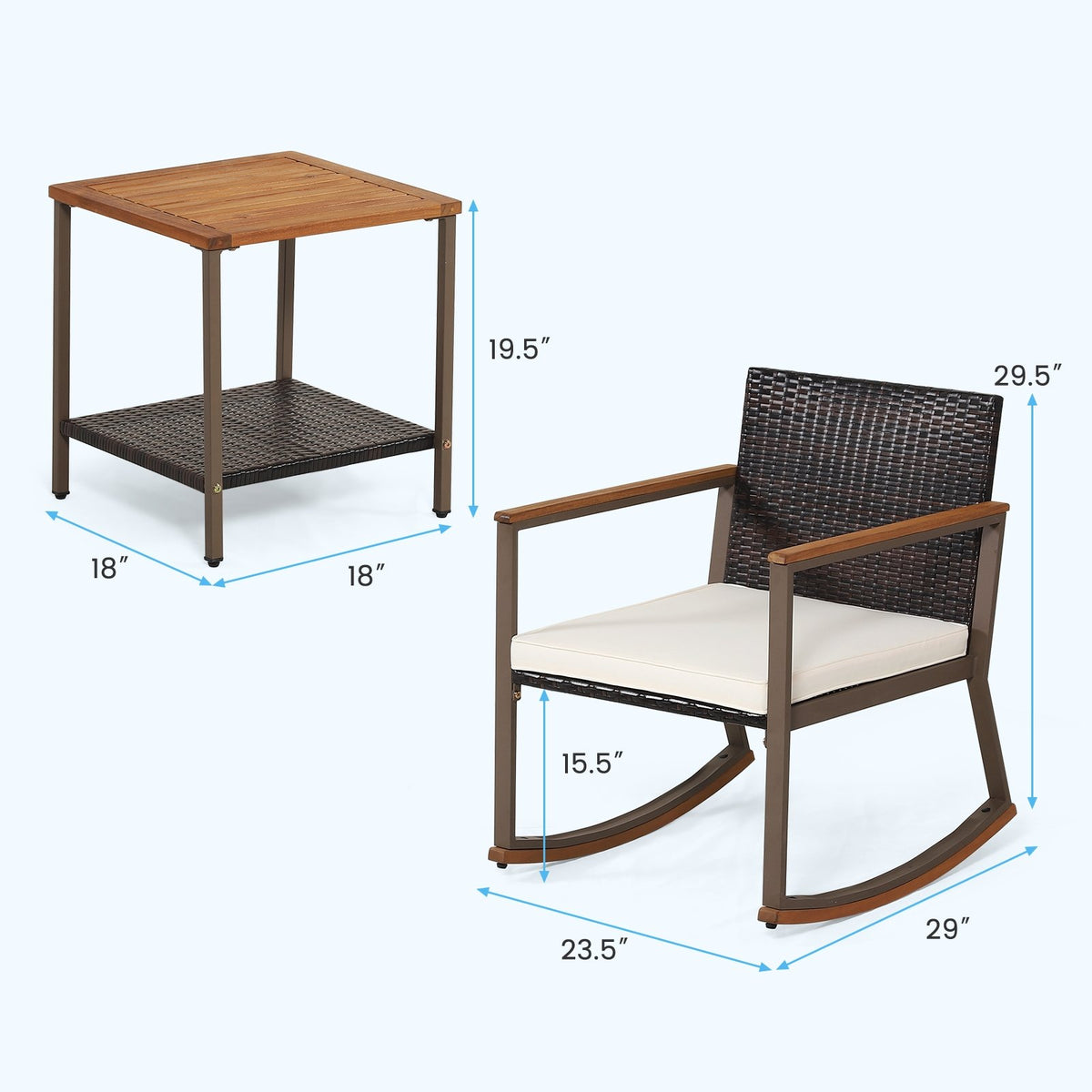 3 Pieces Rattan Rocking Bistro Set with Coffee Table and Cushions-Off White view 5