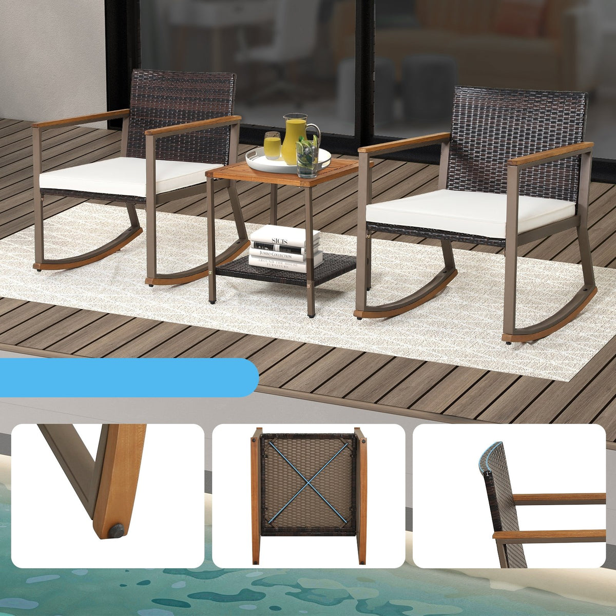3 Pieces Rattan Rocking Bistro Set with Coffee Table and Cushions-Off White view 9