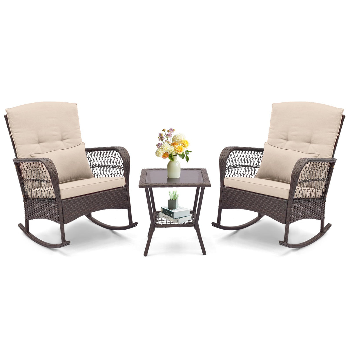 3 Pieces Rocking Bistro Set with 2-Tier Coffee Table-Brown
