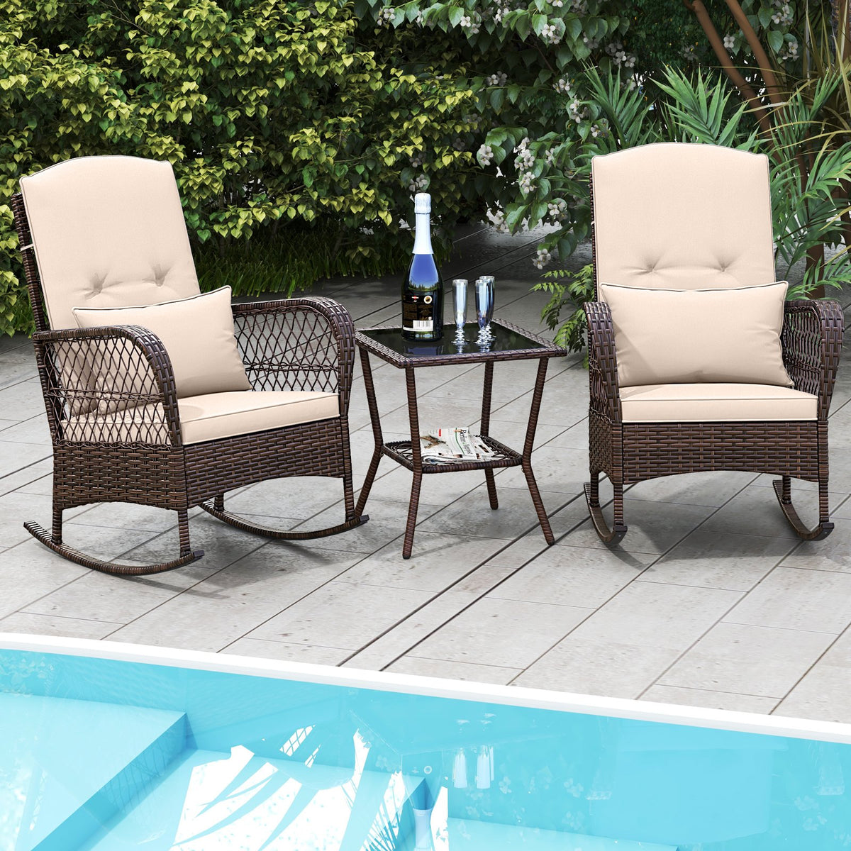 3 Pieces Rocking Bistro Set with 2-Tier Coffee Table-Brown view 3