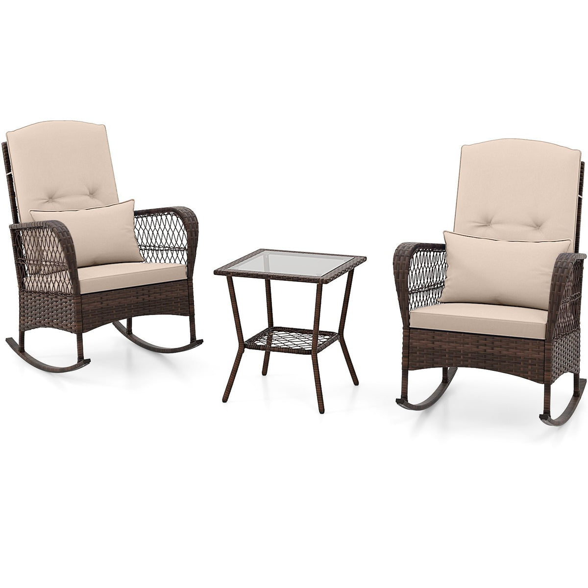 3 Pieces Rocking Bistro Set with 2-Tier Coffee Table-Brown view 4