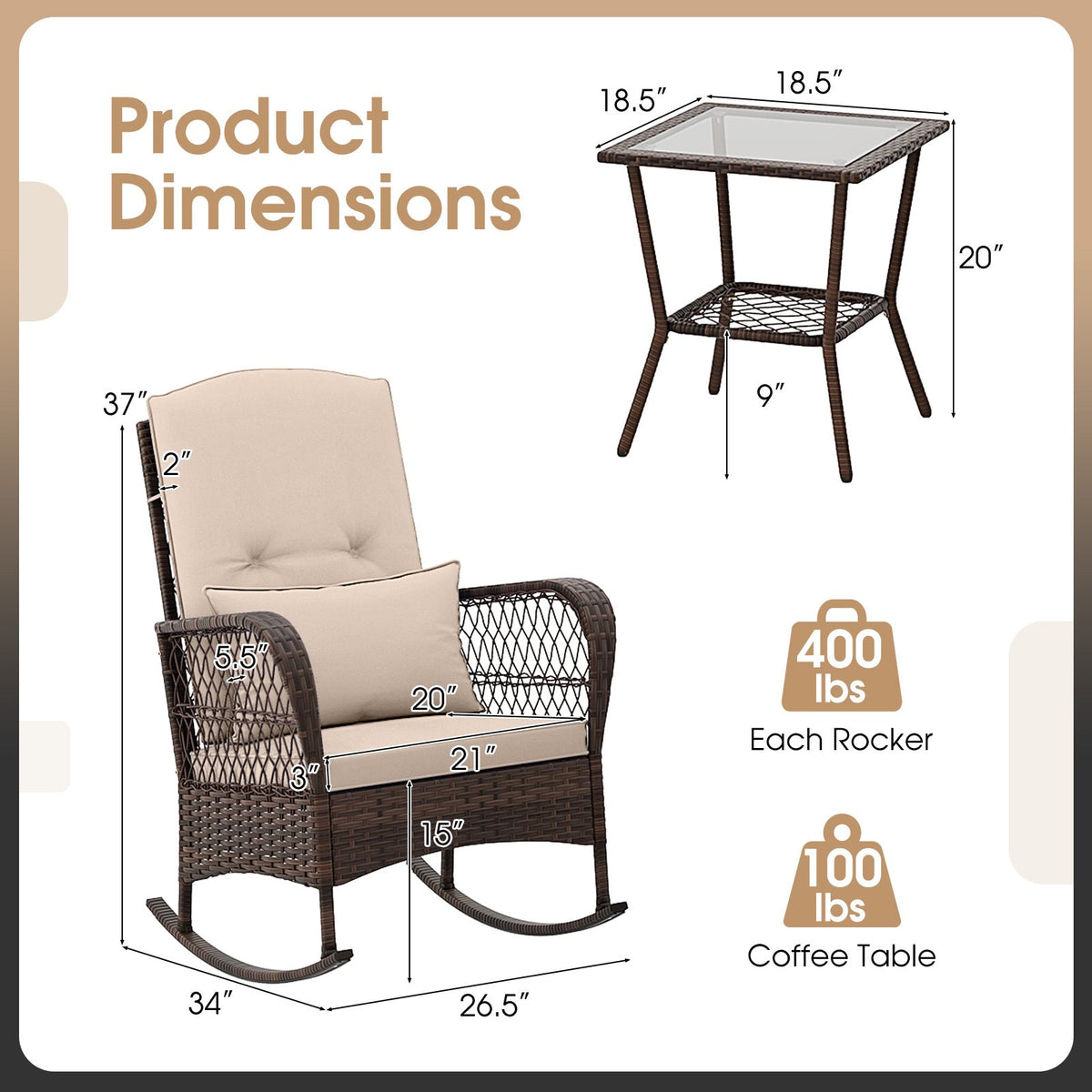 3 Pieces Rocking Bistro Set with 2-Tier Coffee Table-Brown view 5