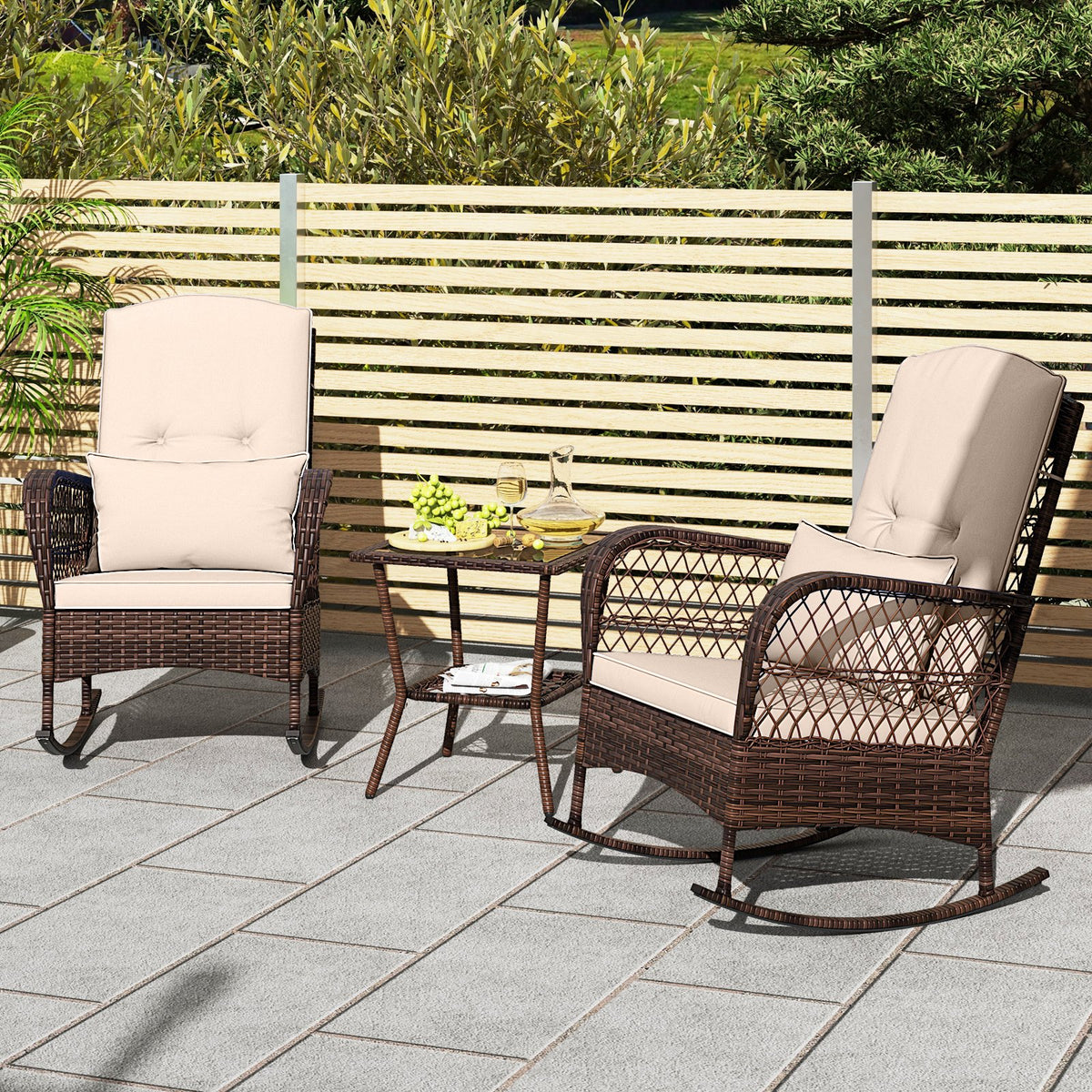 3 Pieces Rocking Bistro Set with 2-Tier Coffee Table-Brown view 6