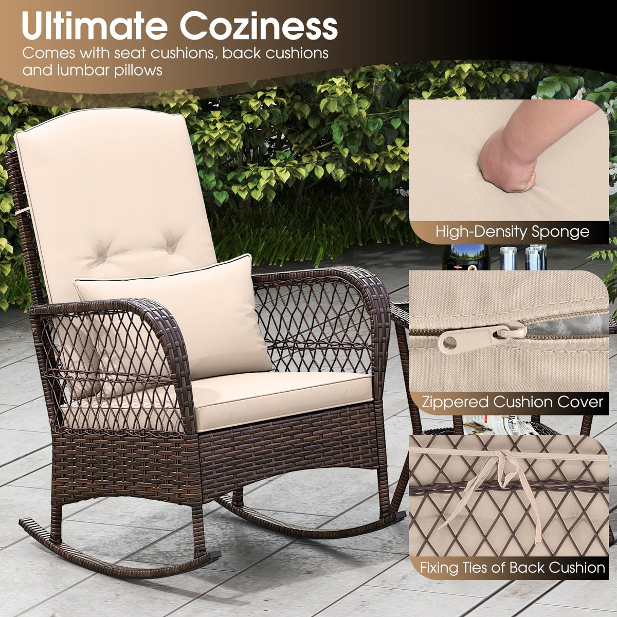 3 Pieces Rocking Bistro Set with 2-Tier Coffee Table-Brown view 7
