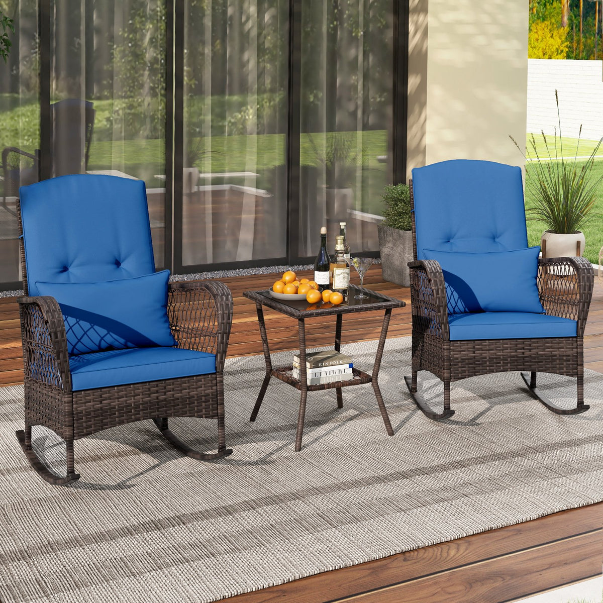 3 Pieces Rocking Bistro Set with 2-Tier Coffee Table-Navy view 2