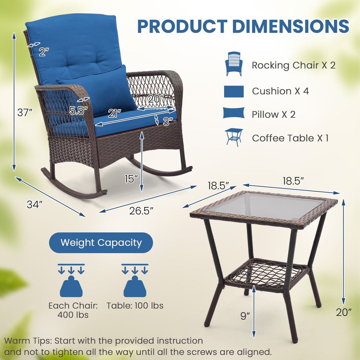3 Pieces Rocking Bistro Set with 2-Tier Coffee Table-Navy view 4