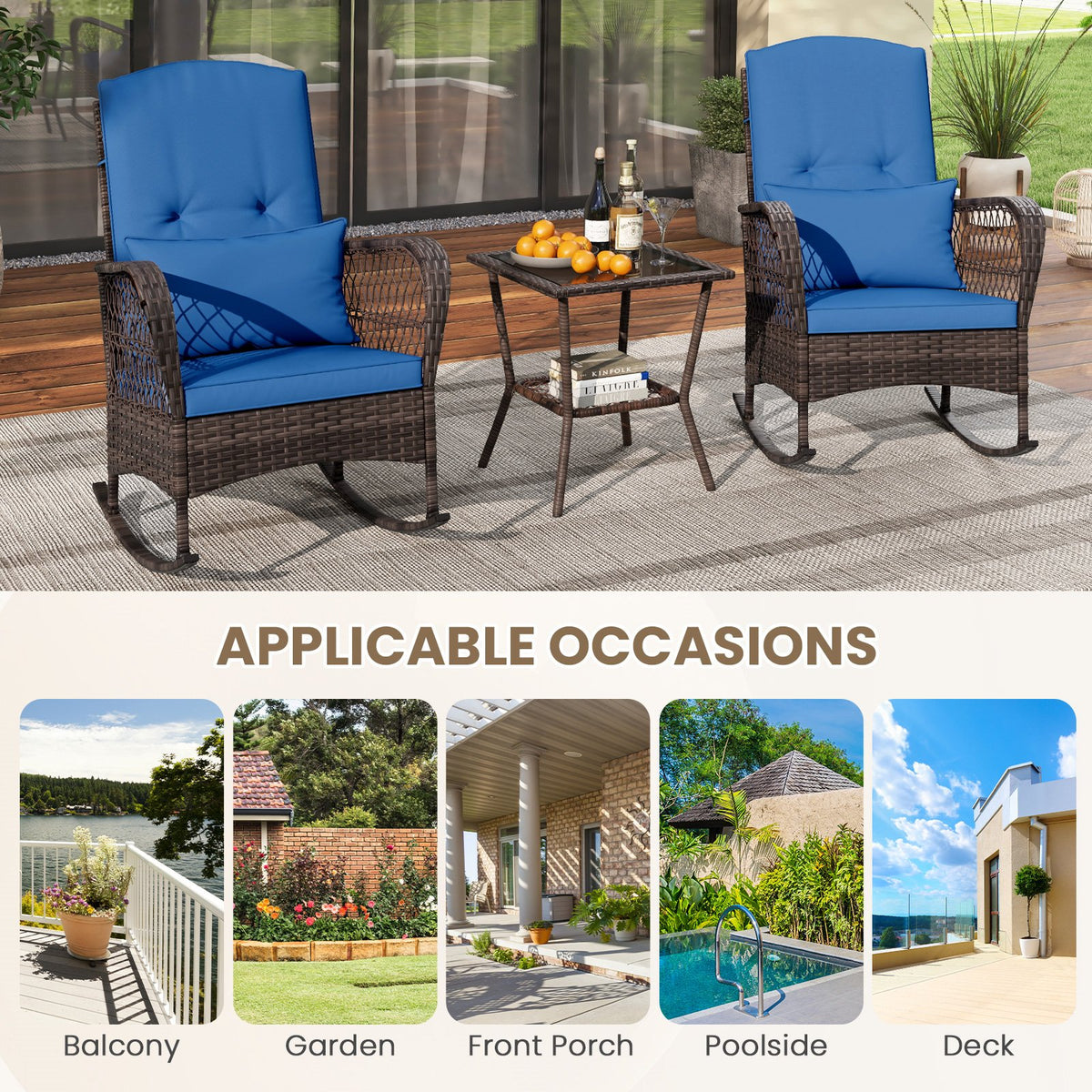 3 Pieces Rocking Bistro Set with 2-Tier Coffee Table-Navy view 9