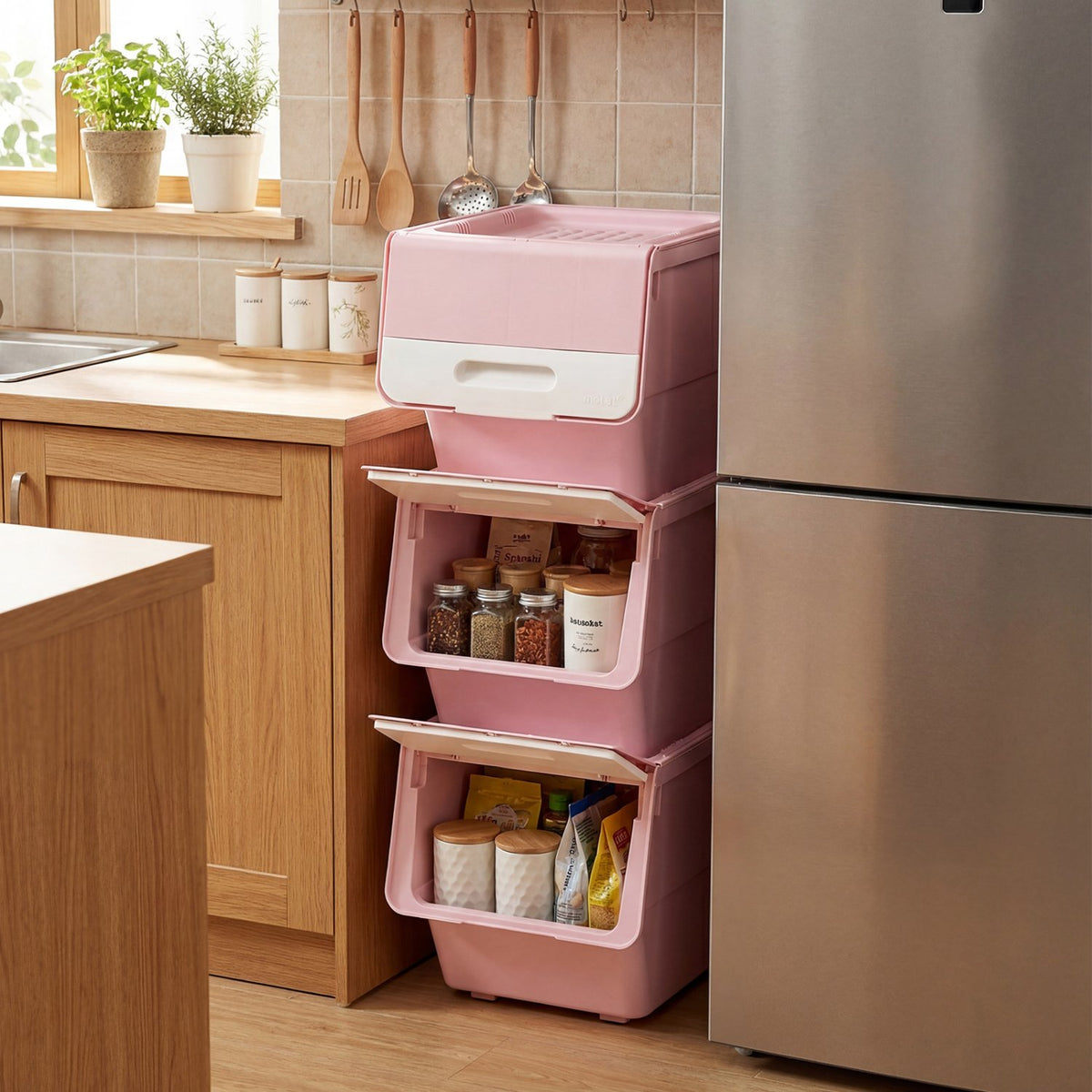 3 Pieces Storage Bins on Wheels Stackable Plastic Boxes with Stay-Open Lid (S)-Pink view 2