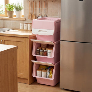 3 Pieces Storage Bins on Wheels Stackable Plastic Boxes with Stay-Open Lid (S)-Pink view 2