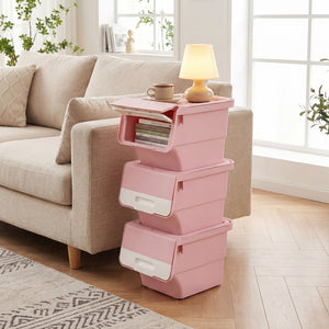 3 Pieces Storage Bins on Wheels Stackable Plastic Boxes with Stay-Open Lid (S)-Pink view 3