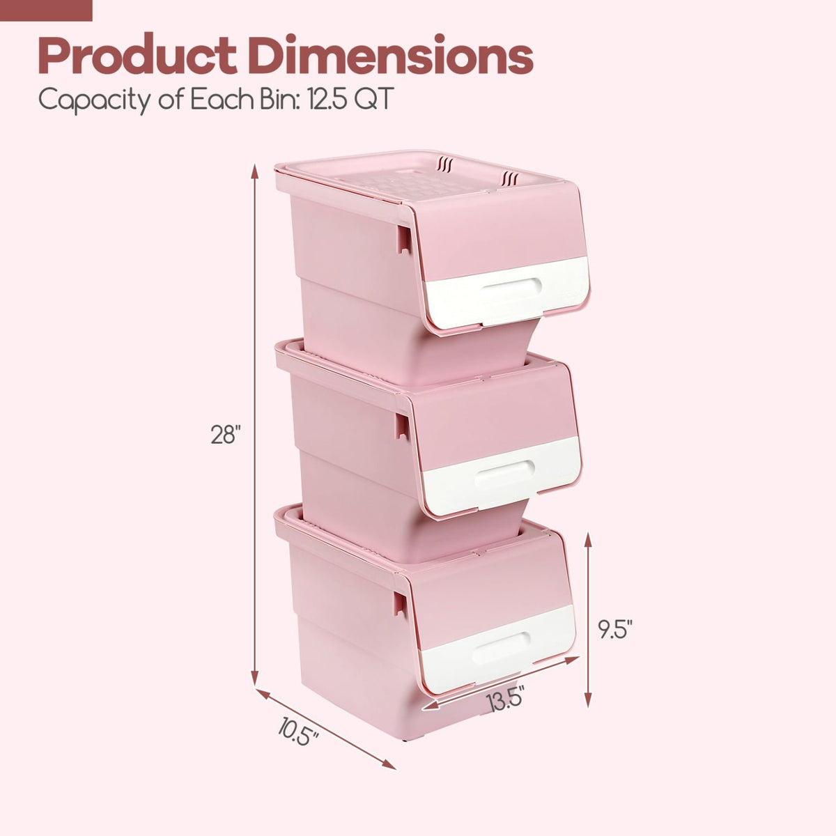 3 Pieces Storage Bins on Wheels Stackable Plastic Boxes with Stay-Open Lid (S)-Pink view 4