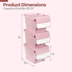 3 Pieces Storage Bins on Wheels Stackable Plastic Boxes with Stay-Open Lid (S)-Pink view 4