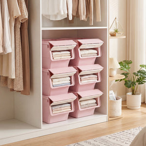 3 Pieces Storage Bins on Wheels Stackable Plastic Boxes with Stay-Open Lid (S)-Pink view 5