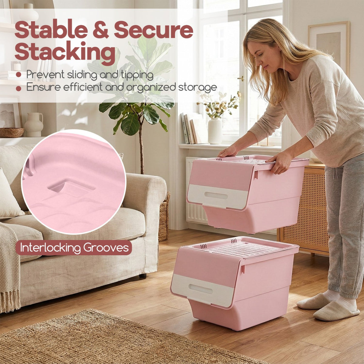 3 Pieces Storage Bins on Wheels Stackable Plastic Boxes with Stay-Open Lid (S)-Pink view 6