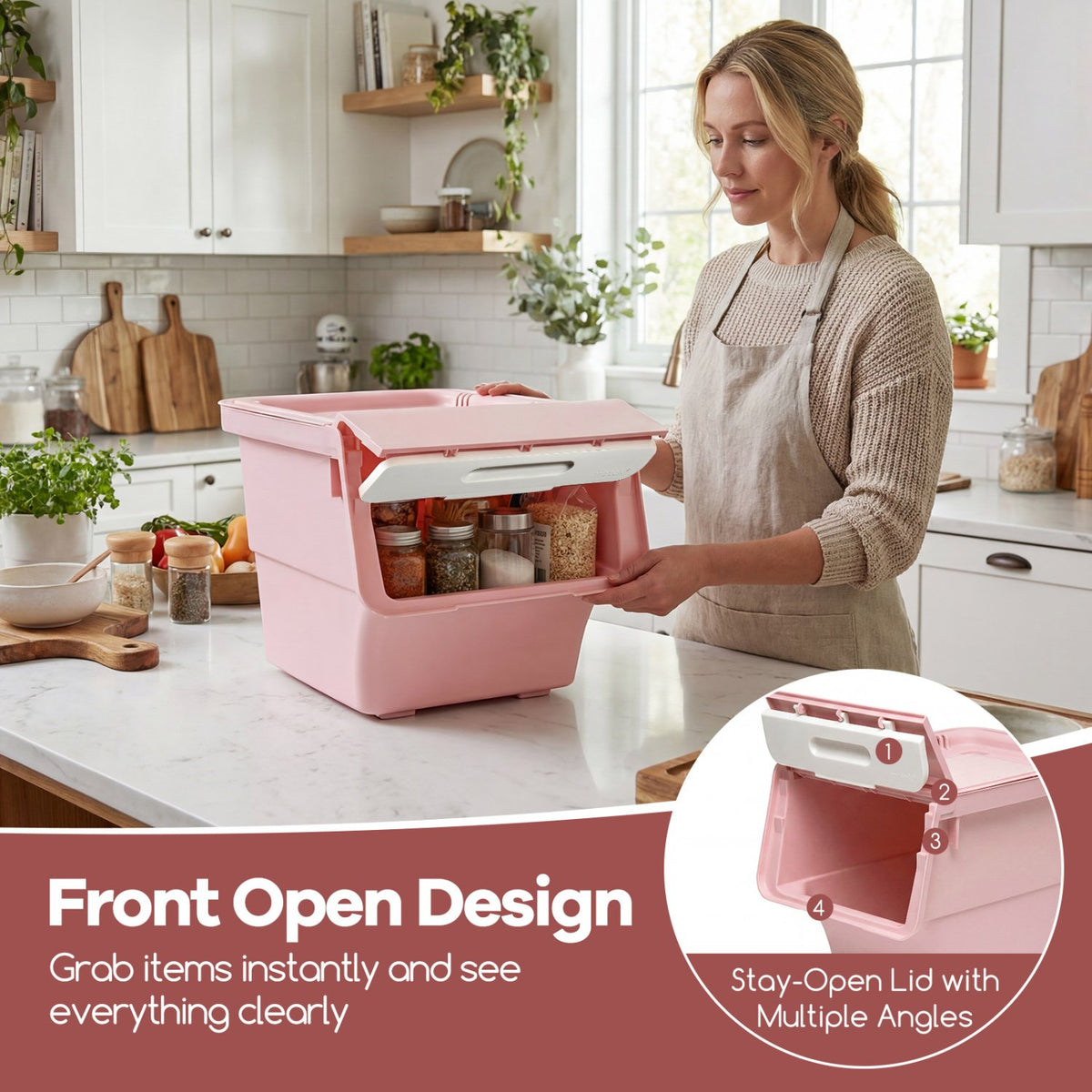 3 Pieces Storage Bins on Wheels Stackable Plastic Boxes with Stay-Open Lid (S)-Pink view 7
