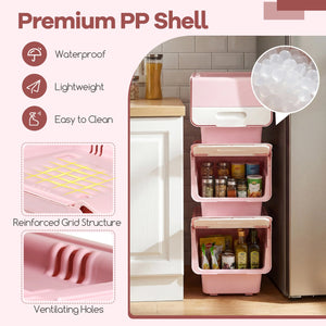 3 Pieces Storage Bins on Wheels Stackable Plastic Boxes with Stay-Open Lid (S)-Pink view 8