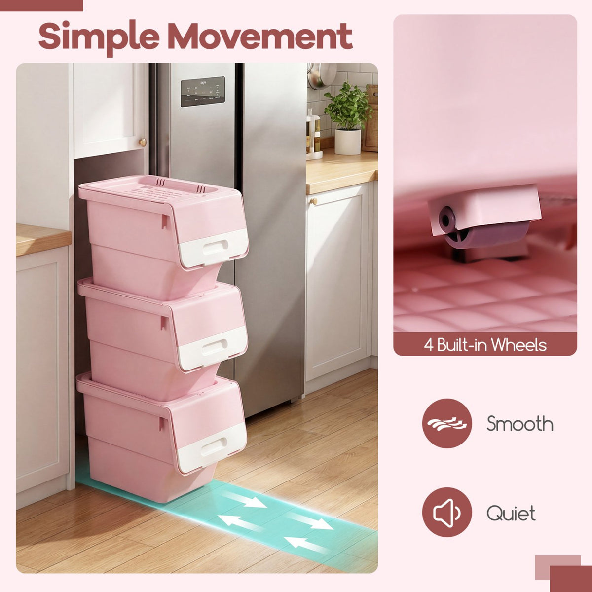 3 Pieces Storage Bins on Wheels Stackable Plastic Boxes with Stay-Open Lid (S)-Pink view 9
