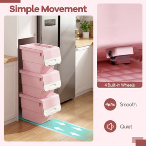 3 Pieces Storage Bins on Wheels Stackable Plastic Boxes with Stay-Open Lid (S)-Pink view 9