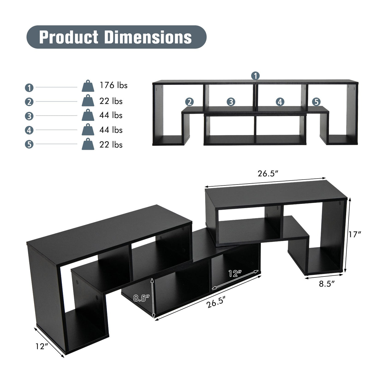 3 Pieces Adjustable TV Stand for TVs up to 65 Inch with Shelves-Black view 5