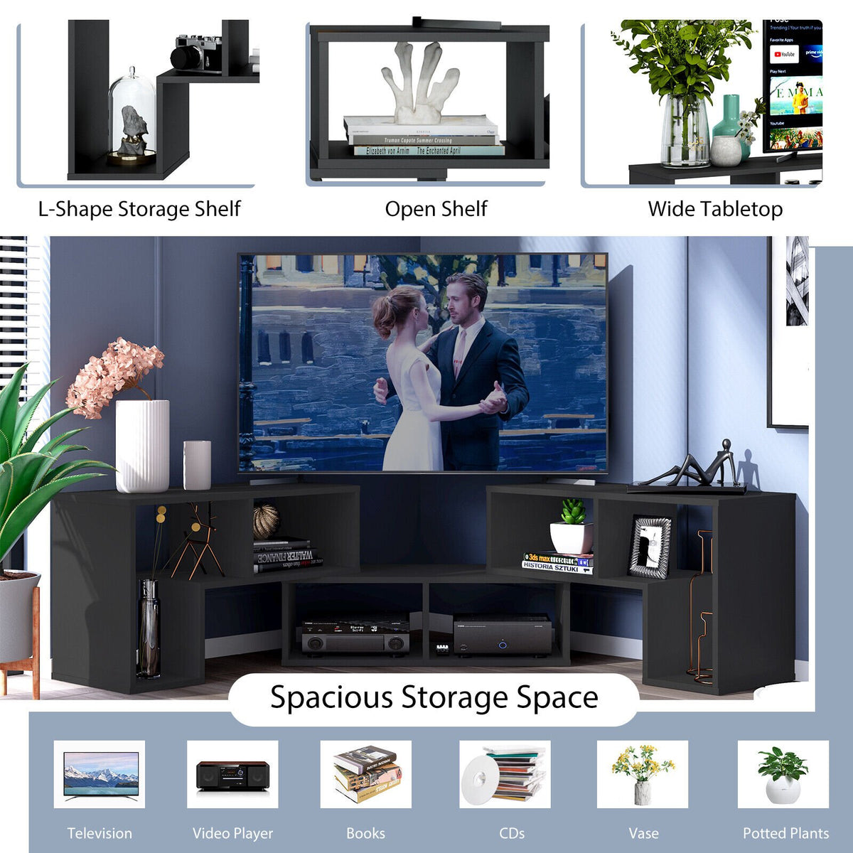 3 Pieces Adjustable TV Stand for TVs up to 65 Inch with Shelves-Black view 8