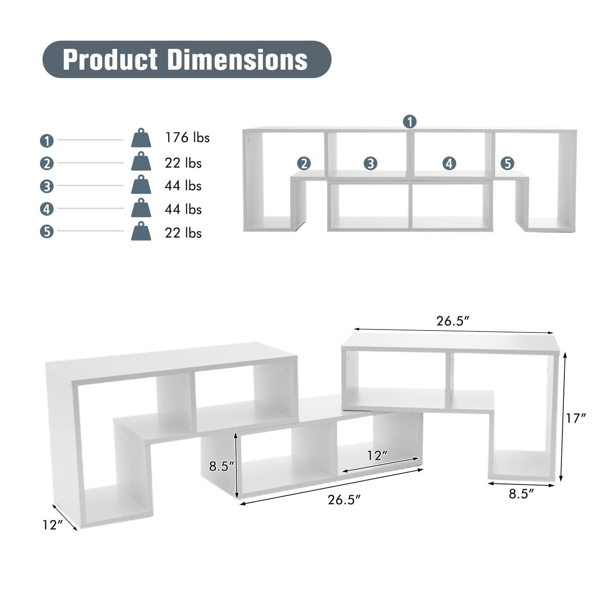 3 Pieces Adjustable TV Stand for TVs up to 65 Inch with Shelves-White view 5