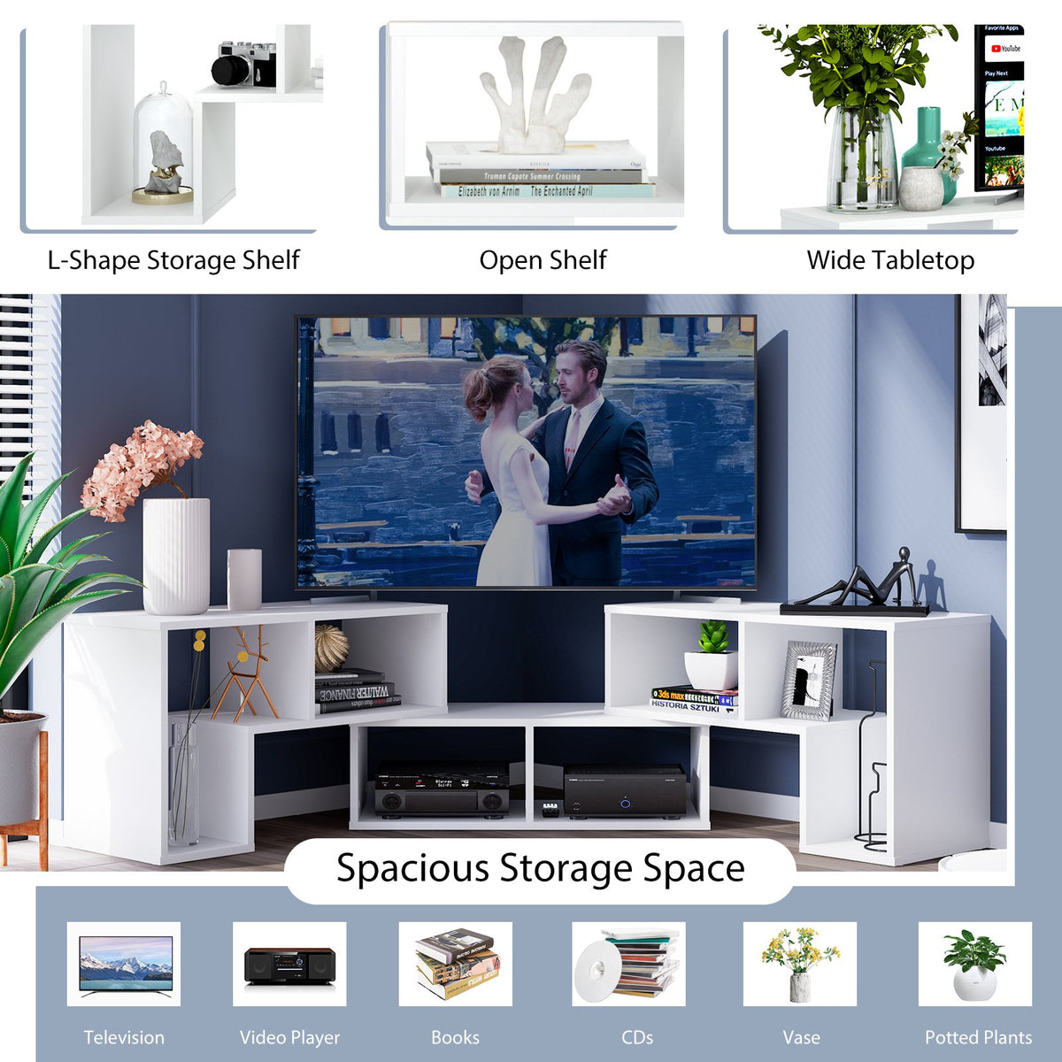 3 Pieces Adjustable TV Stand for TVs up to 65 Inch with Shelves-White view 8