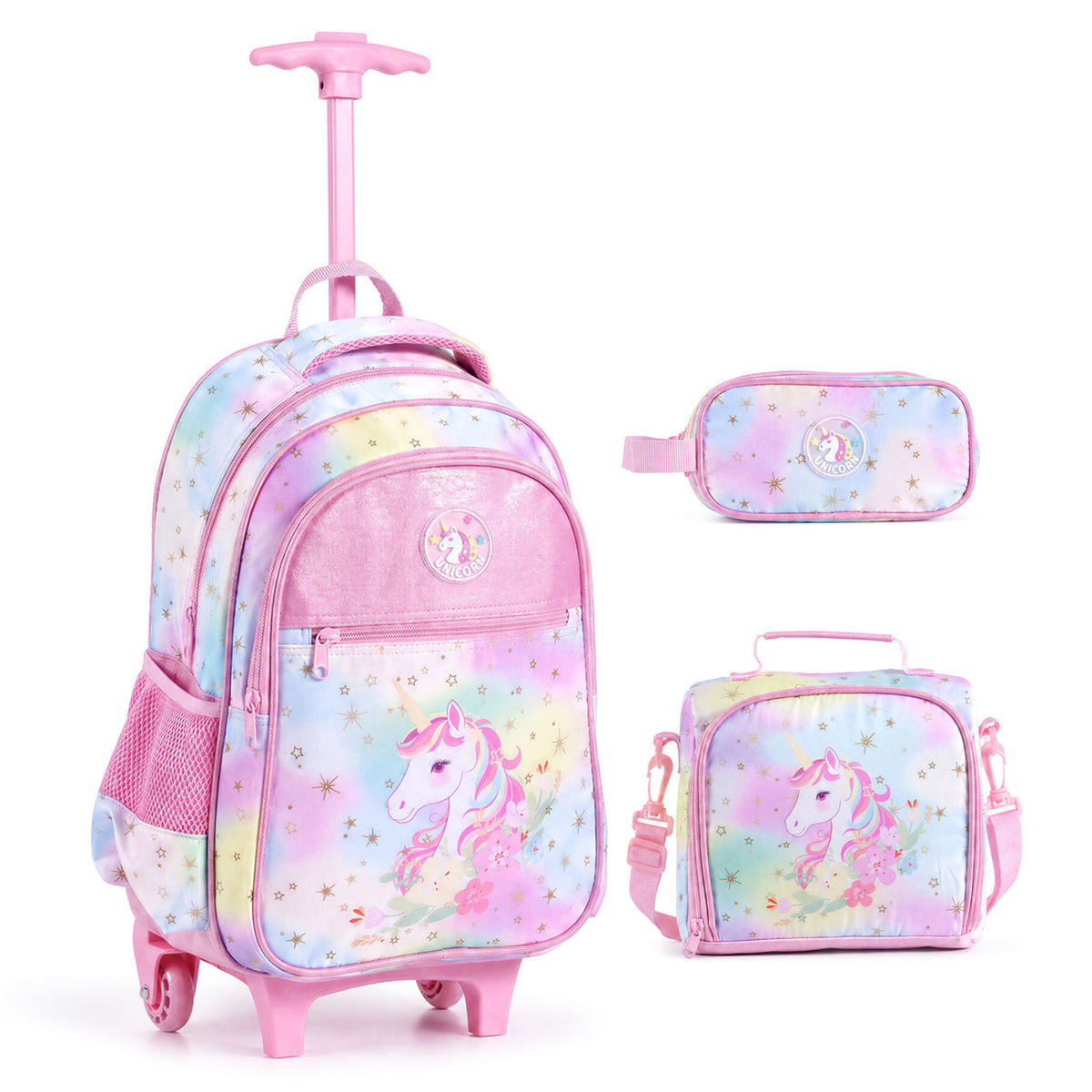 3 Pieces Unicorn Rolling Backpack for Kids with Lunch Box-Pink