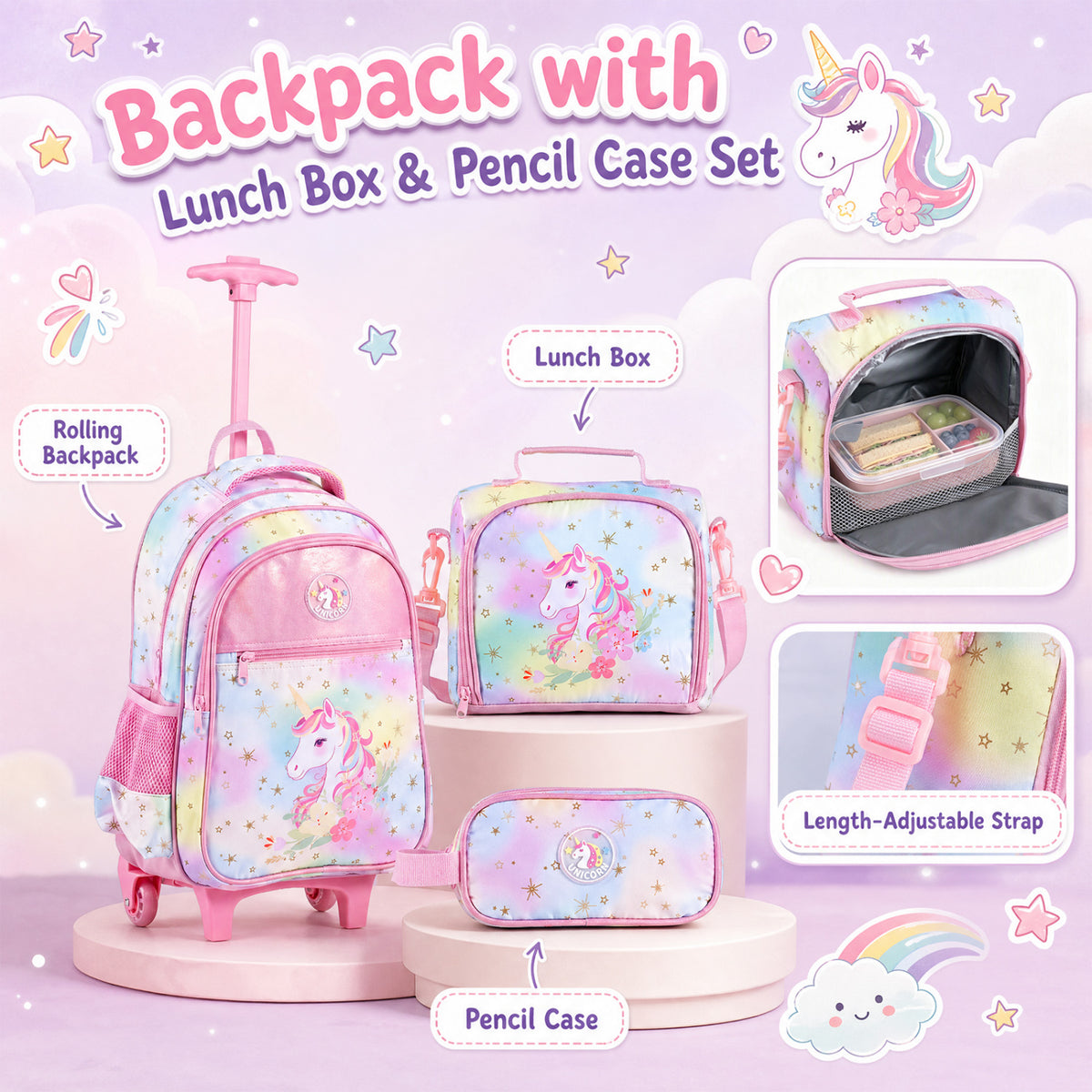 3 Pieces Unicorn Rolling Backpack for Kids with Lunch Box-Pink view 7