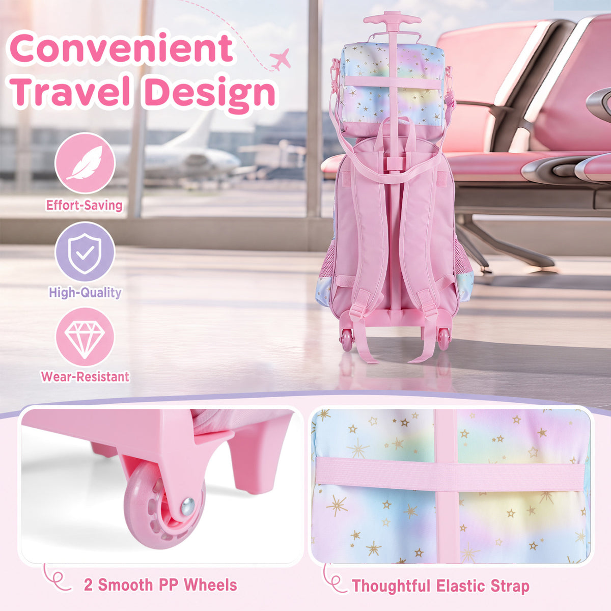 3 Pieces Unicorn Rolling Backpack for Kids with Lunch Box-Pink view 8