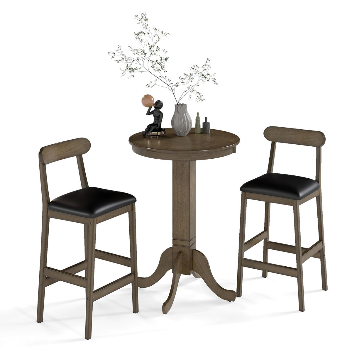 3 Pieces Wood Bar Table Set for 2 Round Pub Table with Pedestal Base and 2 Armless Stools view 4