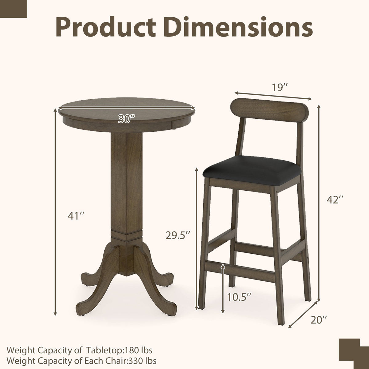 3 Pieces Wood Bar Table Set for 2 Round Pub Table with Pedestal Base and 2 Armless Stools view 5