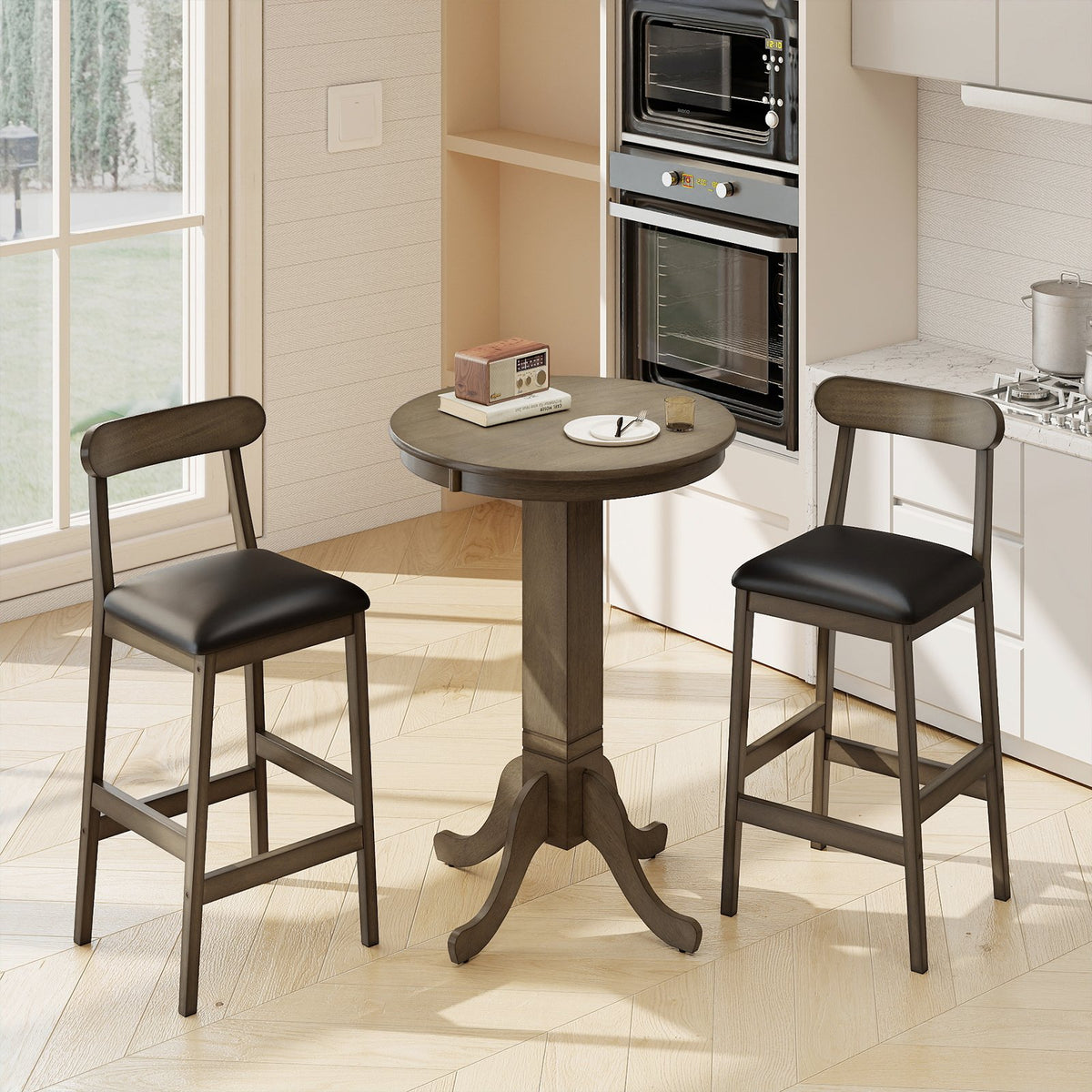 3 Pieces Wood Bar Table Set for 2 Round Pub Table with Pedestal Base and 2 Armless Stools view 6