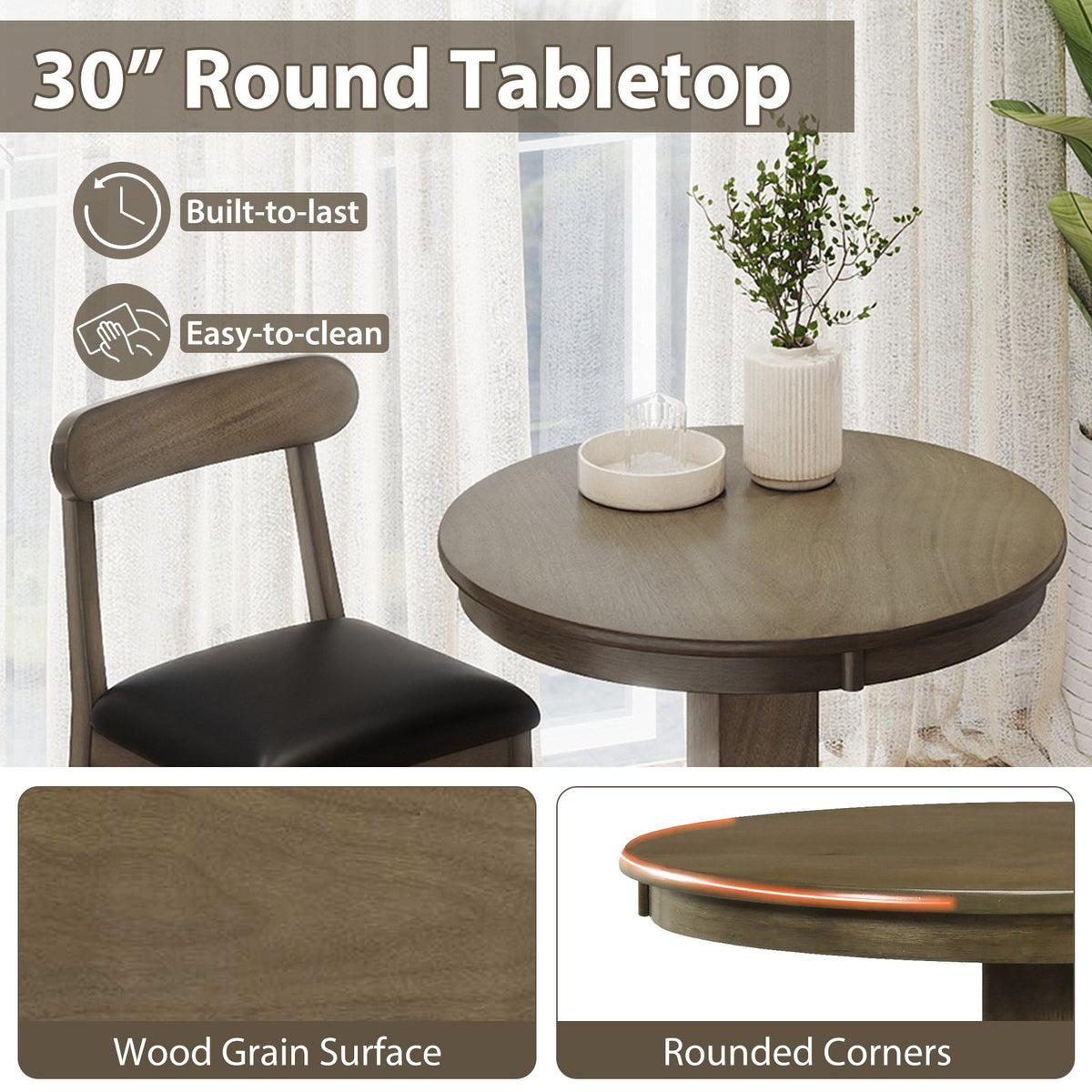 3 Pieces Wood Bar Table Set for 2 Round Pub Table with Pedestal Base and 2 Armless Stools view 8