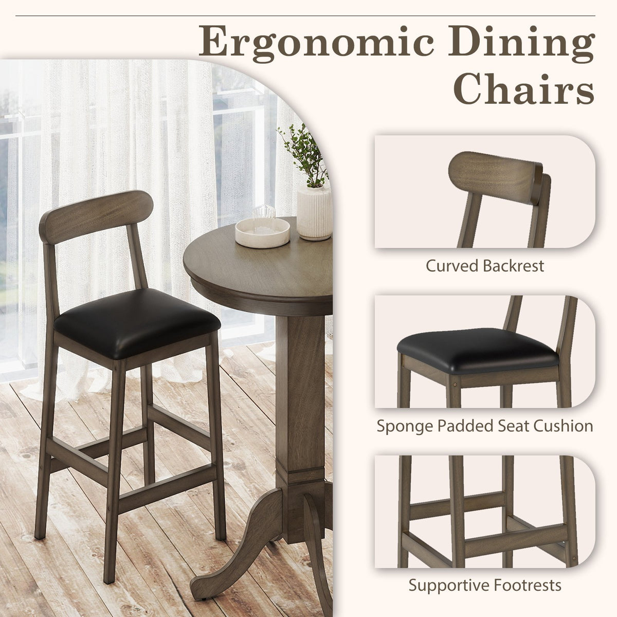 3 Pieces Wood Bar Table Set for 2 Round Pub Table with Pedestal Base and 2 Armless Stools view 9