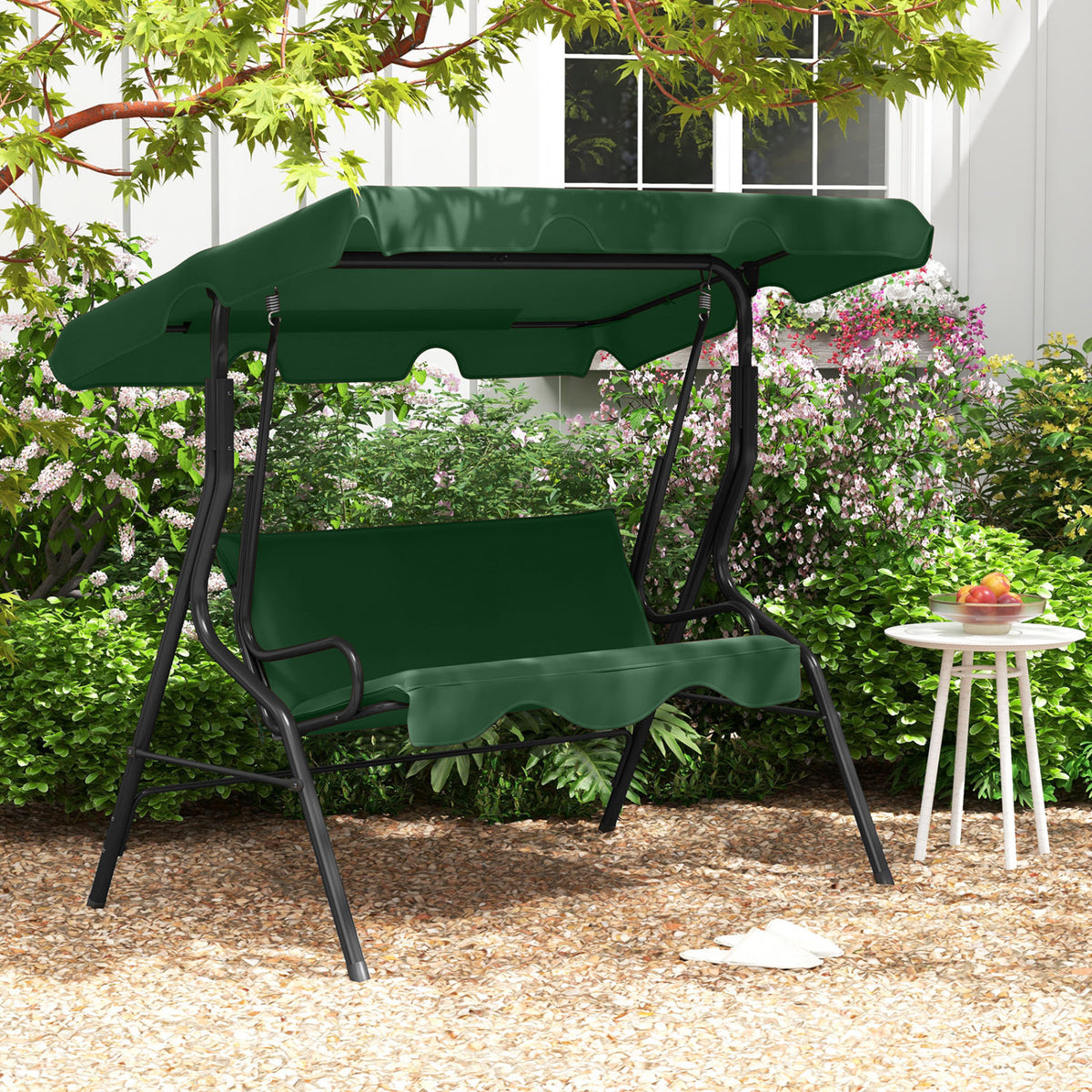 3 Seat Outdoor Patio Canopy Swing with Cushioned Steel Frame-Dark Green view 2