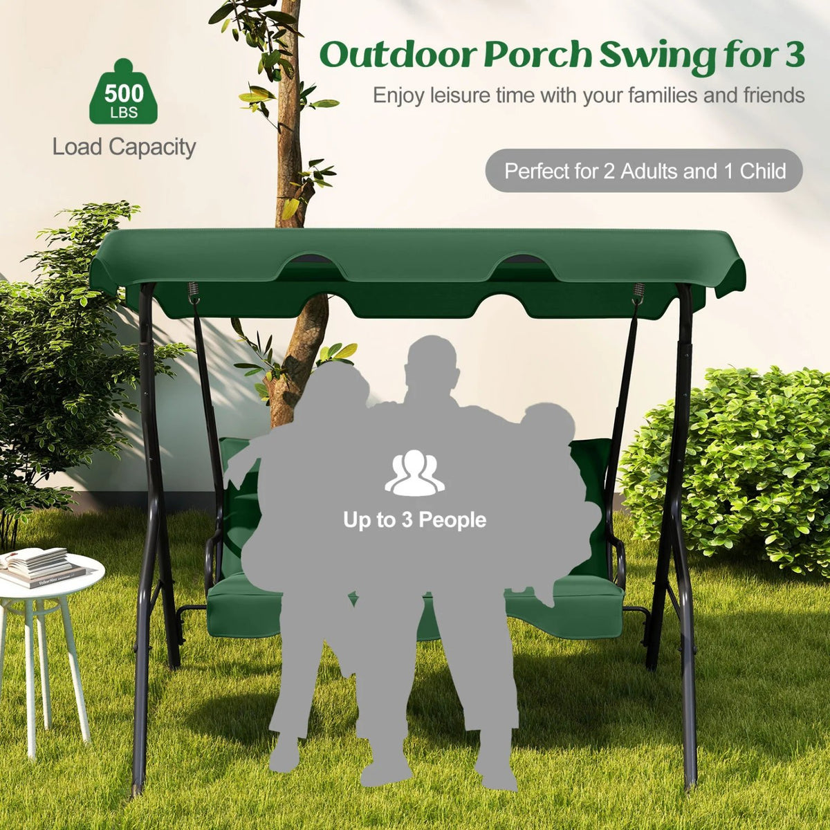 3 Seat Outdoor Patio Canopy Swing with Cushioned Steel Frame-Dark Green view 6