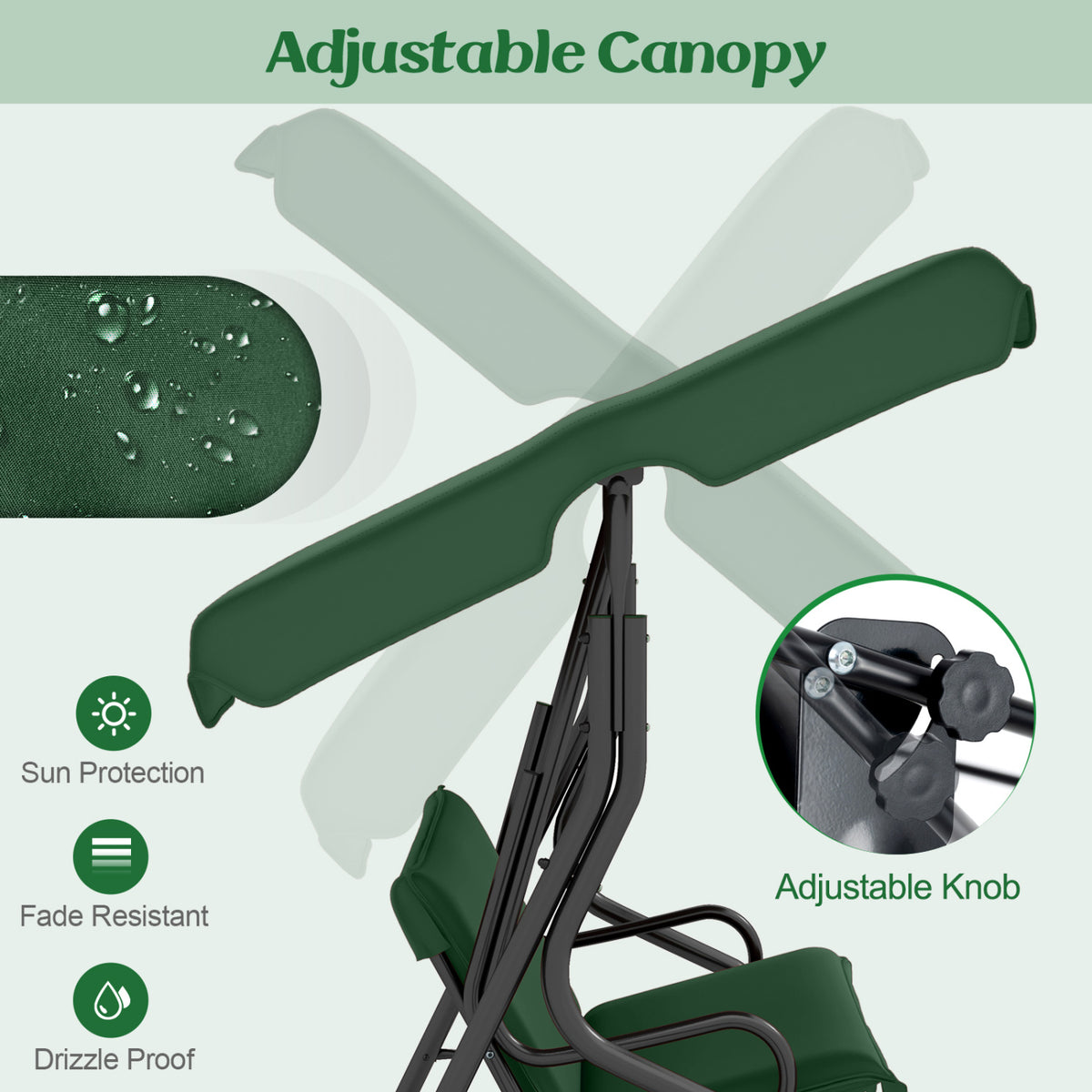 3 Seat Outdoor Patio Canopy Swing with Cushioned Steel Frame-Dark Green view 7